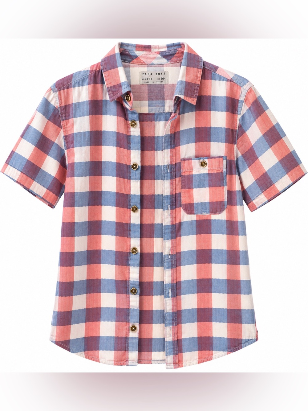 Zara Boys Short-Sleeve Plaid Button-Down in Pink, Blue & White
